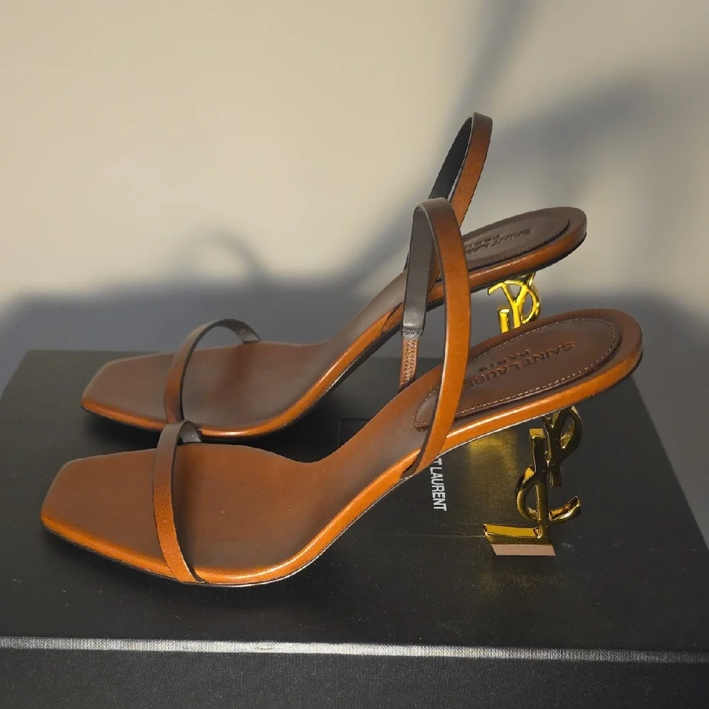 Saint Laurent Brown Leather YSL Logo Heel Sandal - Picture 2 of 8